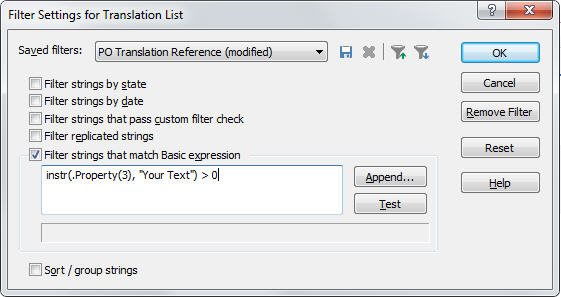 Filter Settings for Translation List dialog box with 'PO Translation Reference (modified)' selected. Options to filter by state, date, custom filter check, replicated strings, and match Basic expression are shown. Basic expression 'instr(Property(3), "Your Text") > 0' is entered.