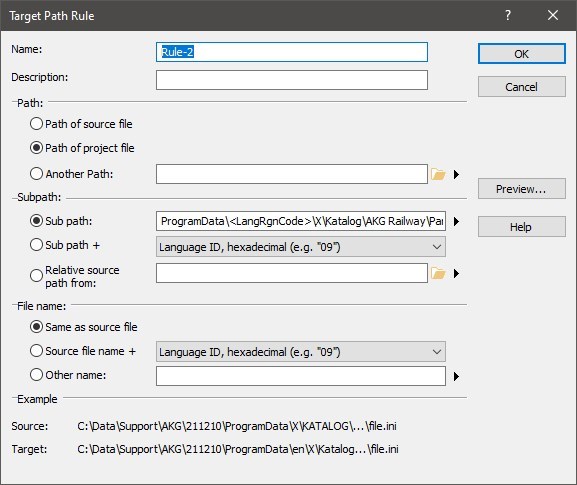 Screenshot of Trados Studio's Target Path Rule configuration window showing Rule-2 setup with different options selected for subpath and file name, also based on language ID.