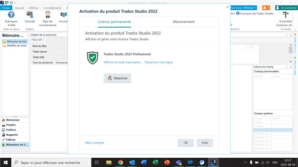 Trados Studio 2022 product activation window showing the software is activated with a permanent license.