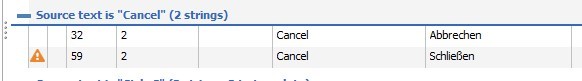 Trados Studio screenshot showing an inconsistency error with the source text 'Cancel' translated as 'Abbrechen' and 'Schlie en'.