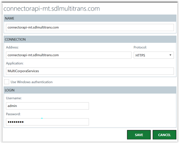 New Word Add-in server connection setup window with fields for name, address, application, and login details including username and password.