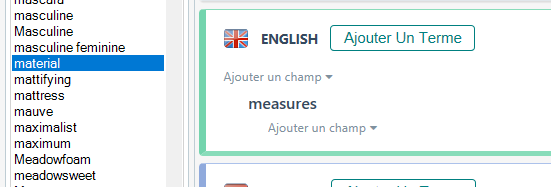 A duplicate screenshot showing the term 'material' selected in a list on the left, with the English term entry field on the right displaying 'measures' and options to add a term or field.