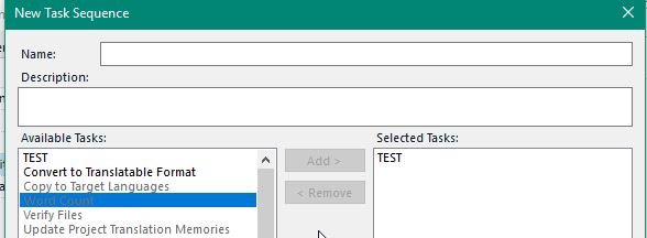 Trados Studio dialog box for creating a new task sequence with available tasks listed including 'Convert to Translatable Format', 'Copy to Target Languages', and 'Word Count'.