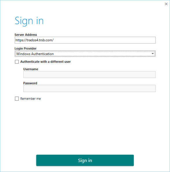 Sign in screen with fields for server address, login provider set to Windows Authentication, username, password, and a Remember me checkbox.