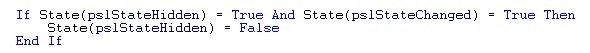 Code snippet from Passolo Ideas showing a conditional statement to unhide entries if they are both hidden and changed.