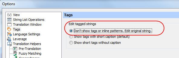 Trados Studio Options dialog with Tags settings, highlighting the 'Don't show tags or inline patterns. Edit original string.' option.