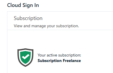 Screenshot of a 'Cloud Sign In' page indicating an active 'Subscription Freelance' with a checkmark icon.