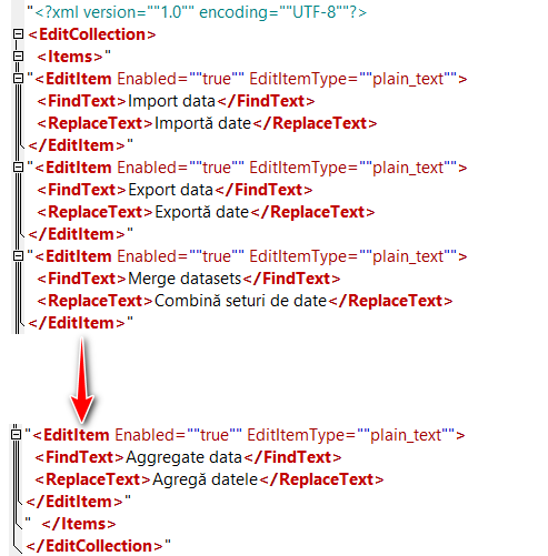 Close-up of an XML structure in a text editor with highlighted syntax, showing a correctly structured XML tag for 'EditItem' with nested 'FindText' and 'ReplaceText' elements.