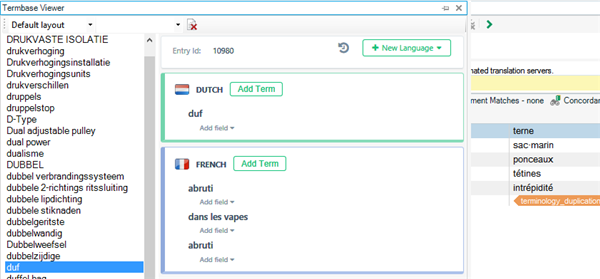 Screenshot of Trados Studio's Termbase Viewer showing a list of terms with a highlighted error message indicating a terminology duplication in French.