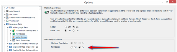 Trados Studio Options menu with Match Repair section highlighted, showing Termbases toggle switched on.