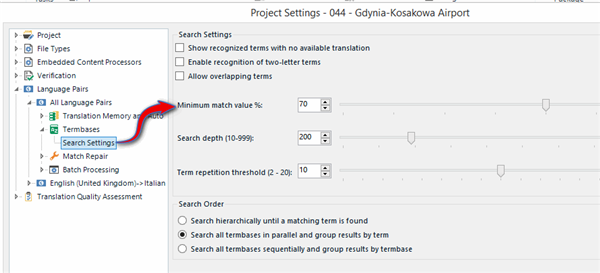 Trados Studio screenshot showing Project Settings for Gdynia-Kosakowa Airport with Term Recognition options. A red arrow points to 'Minimum match value %' set at 70.