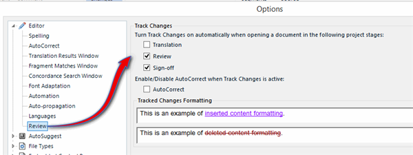 Trados Studio Options menu with Track Changes section highlighted, showing 'Review' checked and examples of inserted and deleted content formatting.