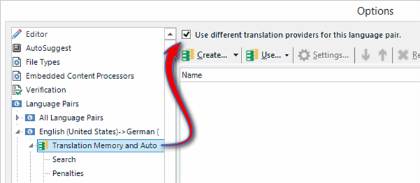 Trados Studio Options menu showing a red arrow pointing to 'Use different translation providers for this language pair' checkbox, under the English (United States) to German language pair.