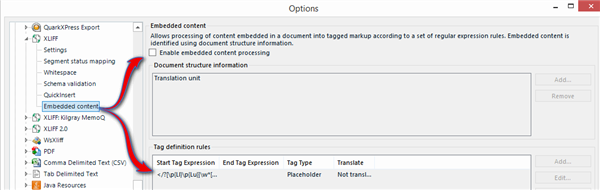 Trados Studio Options dialog box with Embedded content section highlighted, showing settings for document structure information and tag definition rules.