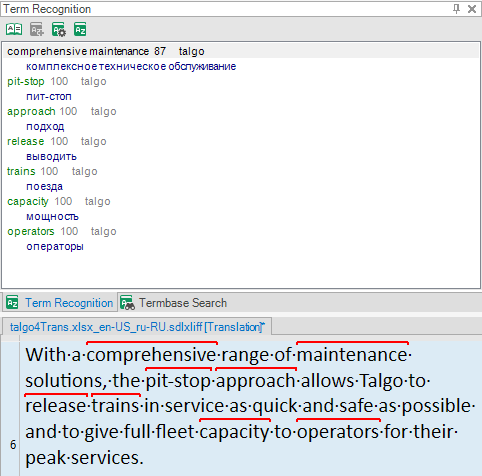 Screenshot of MultiTerm software showing term recognition results with 'comprehensive maintenance' at 87% match and other terms at 100%. Analyzed text is displayed at the bottom.