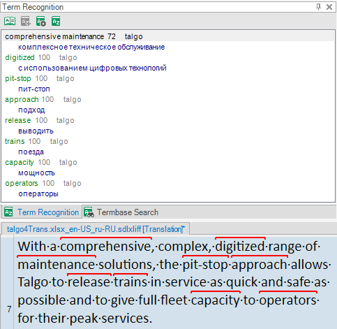 Screenshot of MultiTerm software showing term recognition results with 'comprehensive maintenance' at 72% match and other terms at 100%. The text for analysis is shown at the bottom.