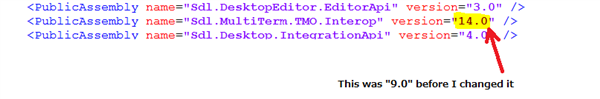 XML code snippet with a highlighted change from version '9.0' to '14.0' for the Sdl.MultiTerm.TMO.Interop assembly in the pluginconfig.xml file.