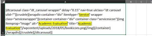 Screenshot of an Excel cell containing code for a carousel feature with highlighted text 'Service' and 'Academic Evaluation'.