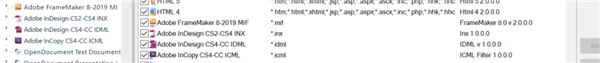 Screenshot showing Trados Studio file type support list, including Adobe InDesign CS4-CC INX and IDML formats.