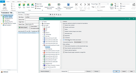 Trados Studio Options window showing File Types selection. PPT file type is expanded with 'Common' selected, displaying options including 'Comments' which is checked.