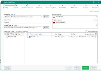 Trados Studio 'Create a New Project' window with 'One Step' selected, showing default template with no specific due date set for the project.