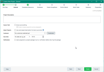 Trados Studio 'Create a New Project - General' tab with options for project description, source and target languages, and a note that no due date is selected yet.