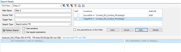Trados Studio filter settings dialog box with conditions set to exclude segments without values from the Translation Memory.