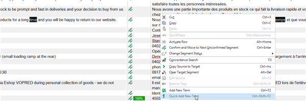Trados Studio interface showing a right-click context menu with 'Quick Add New Term' option highlighted.