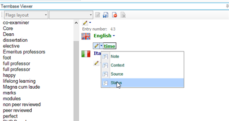 Dropdown menu in Trados Studio under 'Flags layout' with 'Status' option highlighted.