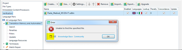 Trados Studio error dialog box with a red cross icon, displaying the message 'Unable to find the specified file.' with an 'OK' button and a 'Knowledge Base Community' link.