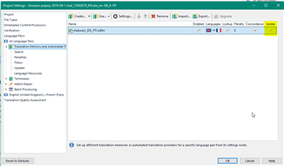 Trados Studio Project Settings window showing Translation Memory and Automated Translation settings with 'tradosEN_RU.tmx' selected and the Update button ticked.