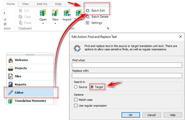 Trados Studio screenshot highlighting the path to access Batch Edit feature from the Help menu, with the Editor and Translation Memories sections outlined in the navigation pane.