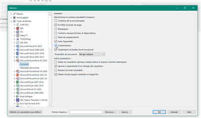 Trados Studio options window with 'Commentaires' section showing various checked and unchecked settings in French language.