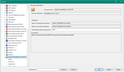 Trados Studio file type options window showing Adobe FrameMaker 8.0 MIF file type information with fields for file type name, file type identifier, and description.