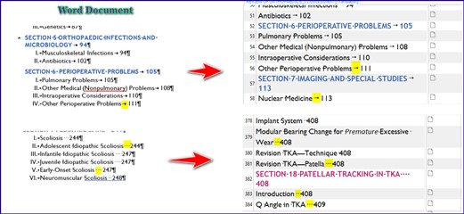 Screenshot showing a Word document with a table of contents. Titles are followed by page numbers, highlighted to indicate the need for separation to improve TM matches.