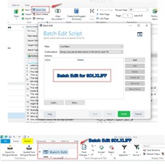 Screenshot of SDL Trados Studio with a Batch Edit Script dialog box open, highlighting the 'Batch Edit for SDLXLIFF' option.