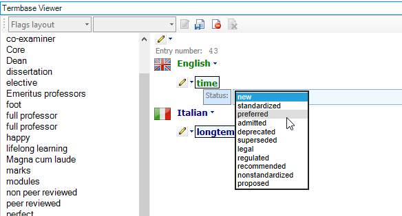Status options in Trados Studio with 'new', 'standardized', 'preferred', and other statuses listed.