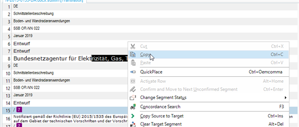 Trados Studio screenshot showing a right-click context menu with 'Copy' option highlighted, indicating it is active for the selected text segment.