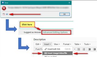 Instructions showing to click on 'Advanced Editing Options' in a forum post editor to add a screenshot.