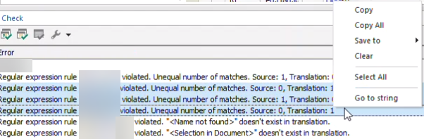 Passolo Check window displaying multiple selected errors with a right-click menu lacking the 'Suppress Error' option.