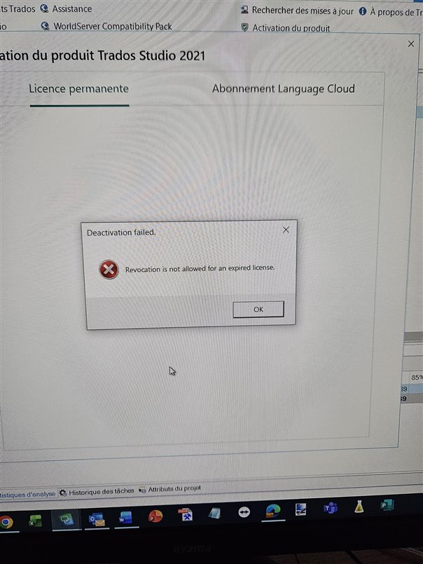 A screenshot of the Trados Studio 2021 software showing a pop-up error message that says 'Deactivation failed. Revocation is not allowed for an expired license.' with an OK button.
