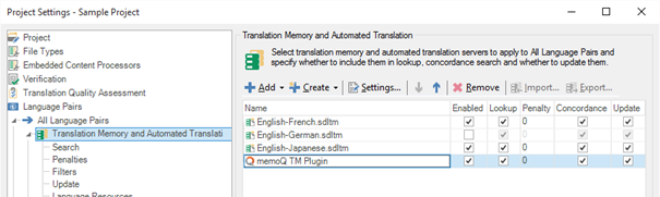 Screenshot of Trados Studio Project Settings showing Translation Memory and Automated Translation section with memoQ TM Plugin listed among other translation memories.