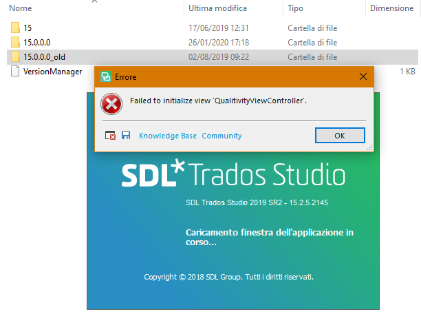 Error message in Trados Studio stating 'Failed to initialize view 'QualityViewViewController'.