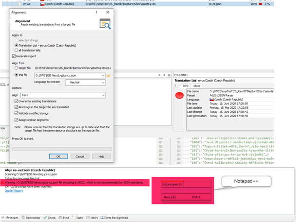 Trados Studio alignment window with a warning message 'Scanning D:TEMPTest5RandDOtherCStestcs.json Warning: D:TEMPTest5RandDOtherCStestcs.json file encoding is ASCII, which is not recommended by JSON standards.'