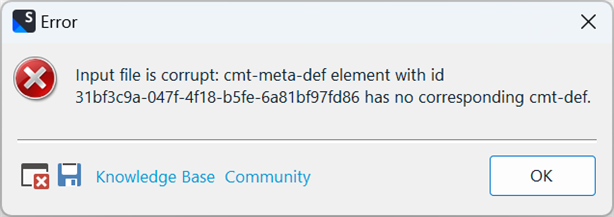 Error dialog box from Trados Studio with a red cross icon indicating an error. The message reads 'Input file is corrupt: cmt-meta-def element with id 31bf3c9a-047f-4f18-b5fe-6a81b9f7d86 has no corresponding cmt-def.' Two buttons below: Knowledge Base and Community.