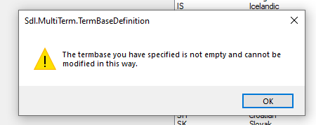 Error message dialog stating 'The termbase you have specified is not empty and cannot be modified in this way.' with an OK button.