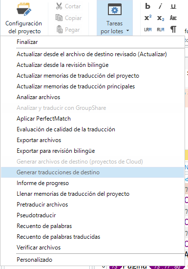 Screenshot of Trados Studio interface with a list of Batch tasks, missing the 'Generate a source-target-paired target document' option.