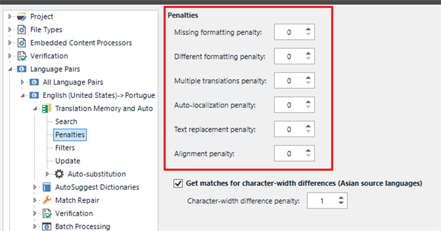 Trados Studio settings panel under Penalties, displaying various penalty options such as Missing formatting penalty, Different formatting penalty, all set to 0.