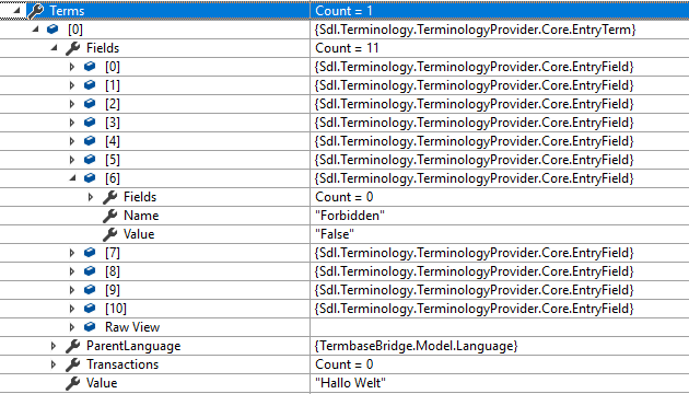 Screenshot of Trados Studio's object properties with an EntryTerm object expanded to show a populated Fields property, including a 'Forbidden' field set to 'False'.
