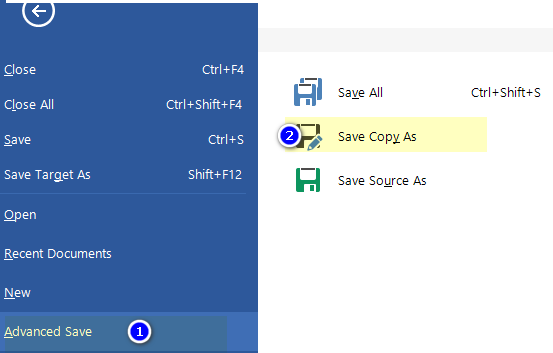 Trados Studio menu showing 'Advanced Save' highlighted with a blue circle labeled 1 and 'Save Copy As' highlighted with a yellow background and a blue circle labeled 2.